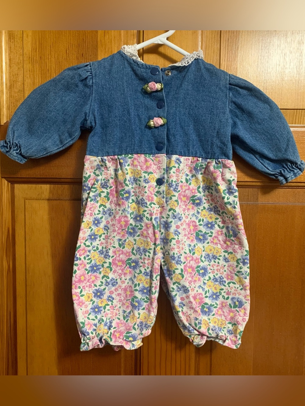 Girls Denim and Floral Print Hopscotch Onesie (6-9 Months)